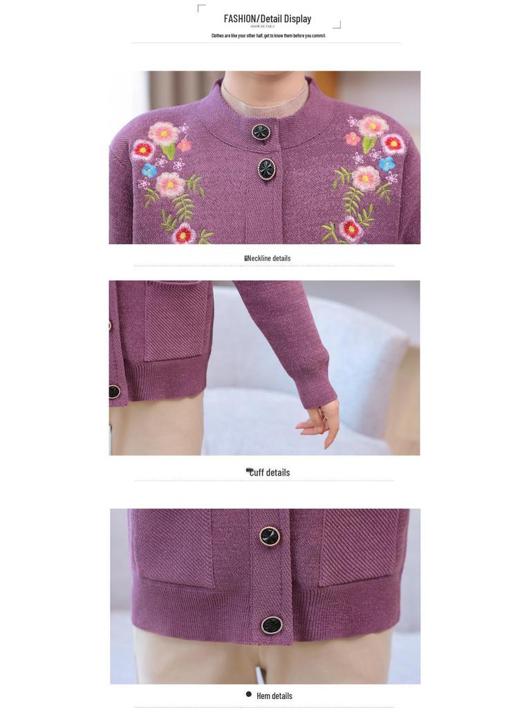 Autumn and Winter Knitwear: Fleece-Lined Cardigan for Middle-Aged and Elderly Women, Featuring Grandma Sweater and Mom's Outfit Styles.
