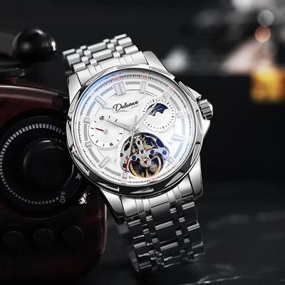 Hollow Tourbillon Moon Phase 12 Hours Disk Luminous Stainless Steel Watches Luxury Skeleton Automatic Mechanical Watch For Men