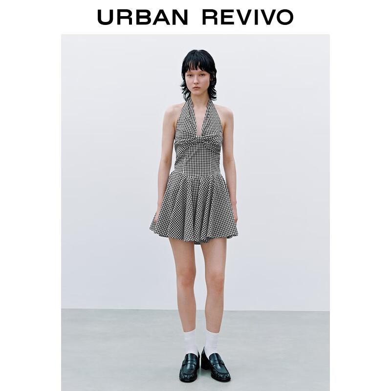 

UR 2025 Summer Halter Neck Plaid Smocked Sleeveless Dress XL