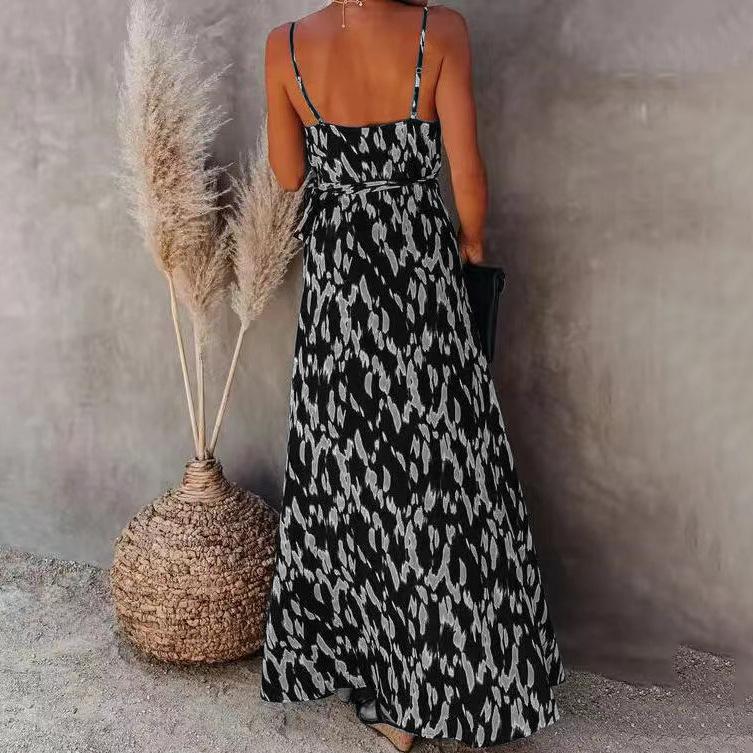 Sommerkleid für Damen, Neckholder, offener Neckholder, V-Ausschnitt, elastische Taille, sexy Print, langes Kleid