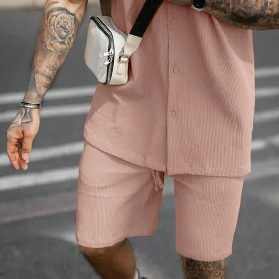 2Pcs/Set Men Casual Outfit Lapel Short Sleeve Shirt Elastic Waistband Drawstring Wide