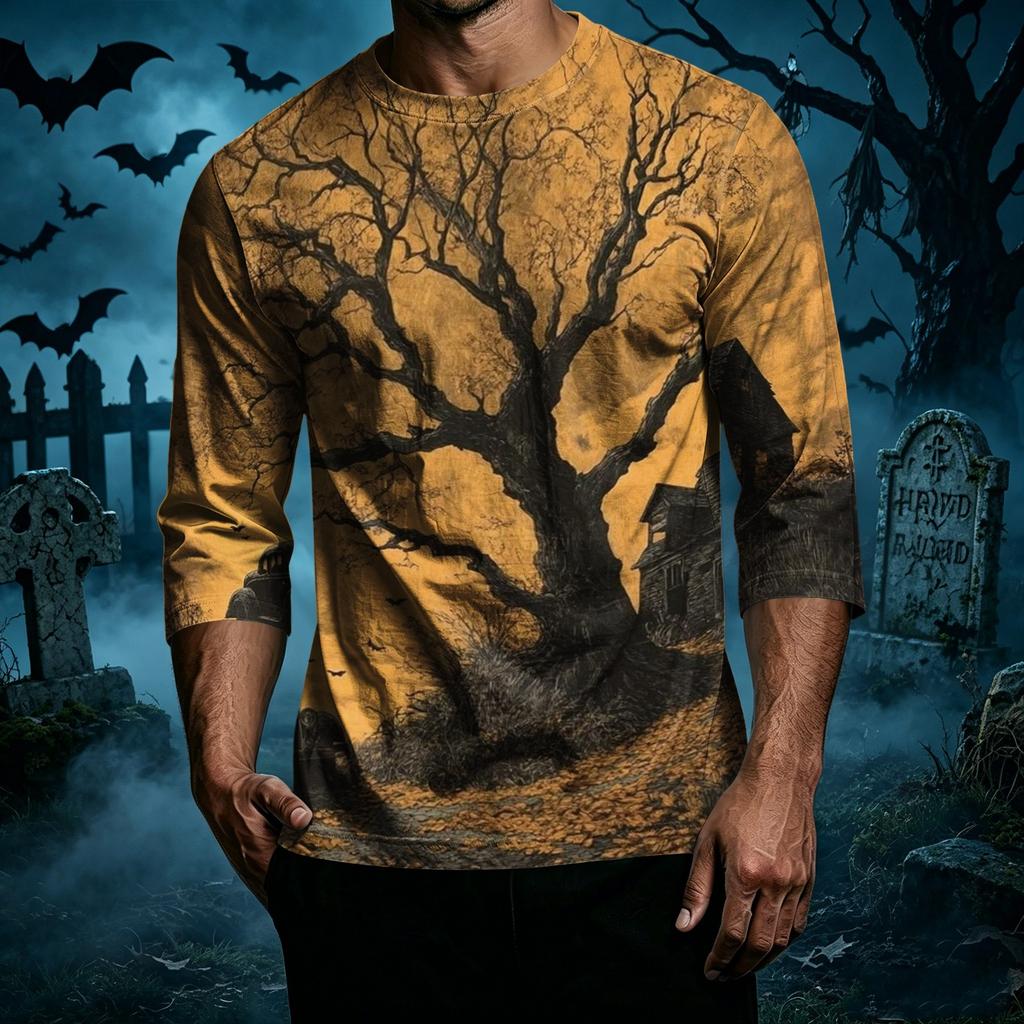 Men's Casual Halloween Print Crew Neck T Shirt Three Quarter Sleeve Regular Fit Top Suitable for Everyday Wear and Seasonal Events