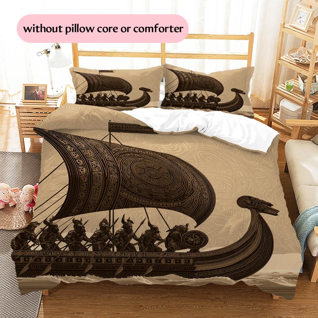 Viking Longship Pattern Bedding Home Decoration Birthday Gift (1 * duvet cover + 2 * pillowcase, without core)