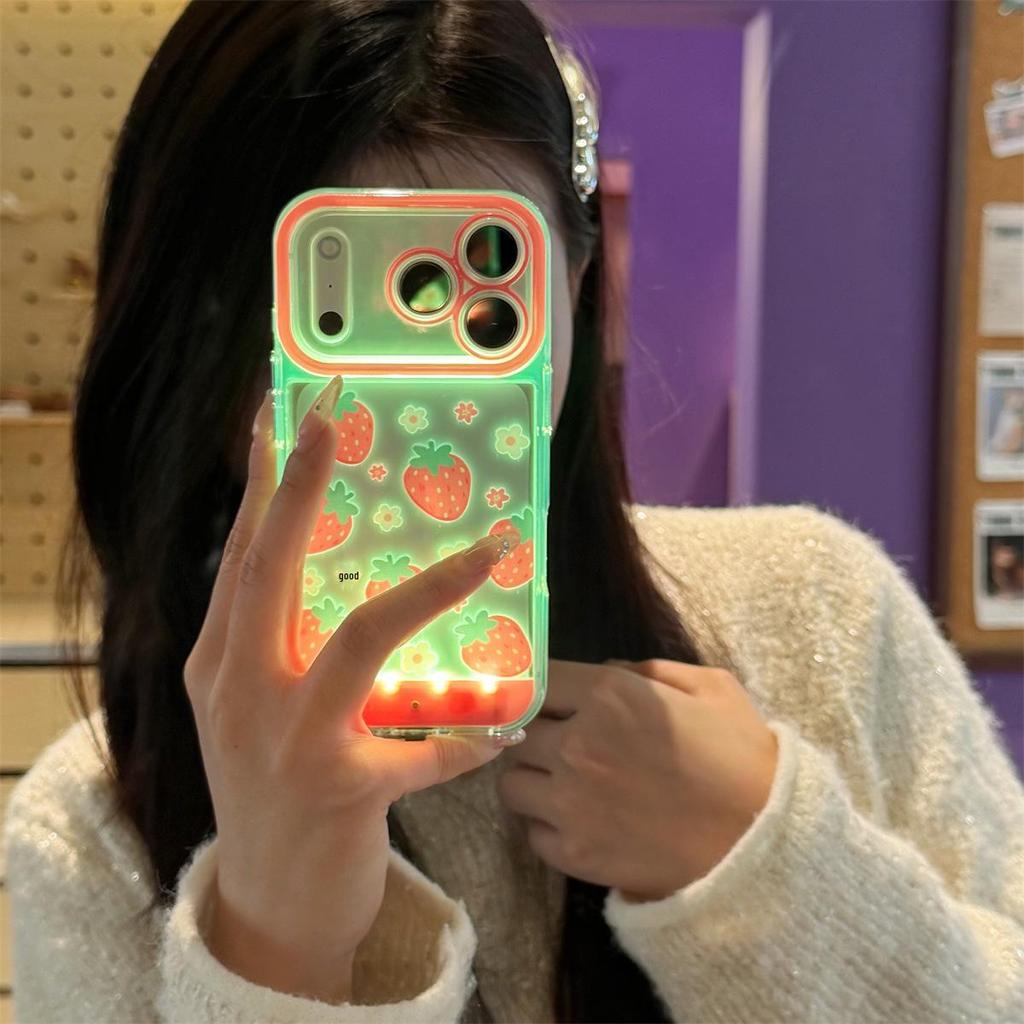 Strawberry Clover Flashing Phone Case for iPhone 14/13/12/11/15/16/17 PROMAX