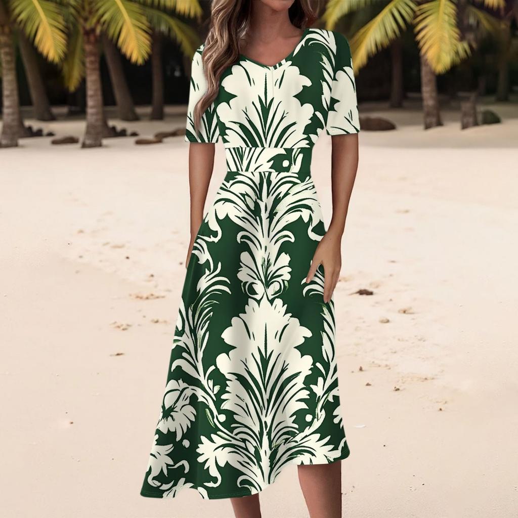 Damen Freizeitmode Kleid mit Blumendruck, V-Ausschnitt, kurzen Ärmeln und taillenlang