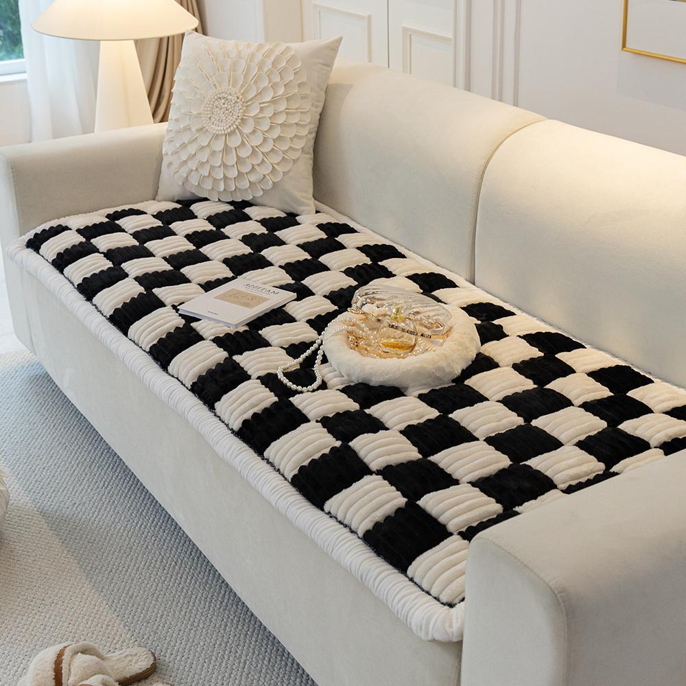 1 pc French light luxury plus thick straight checkboard plush non-slip sofa cushion