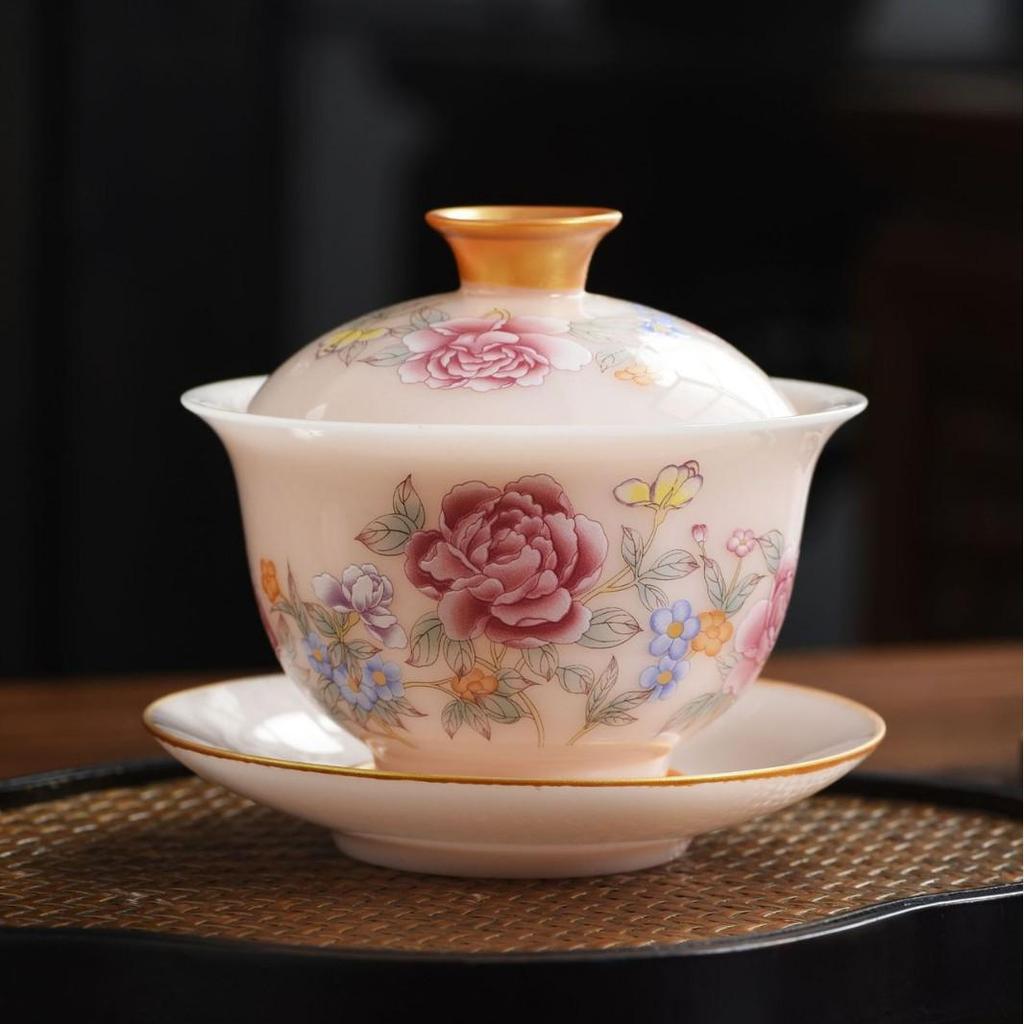 Premium Jade Porcelain Gaiwan Tea Set - Large Capacity, Three-Piece Hovering Brewer for Home Use and Souvenir Gifts