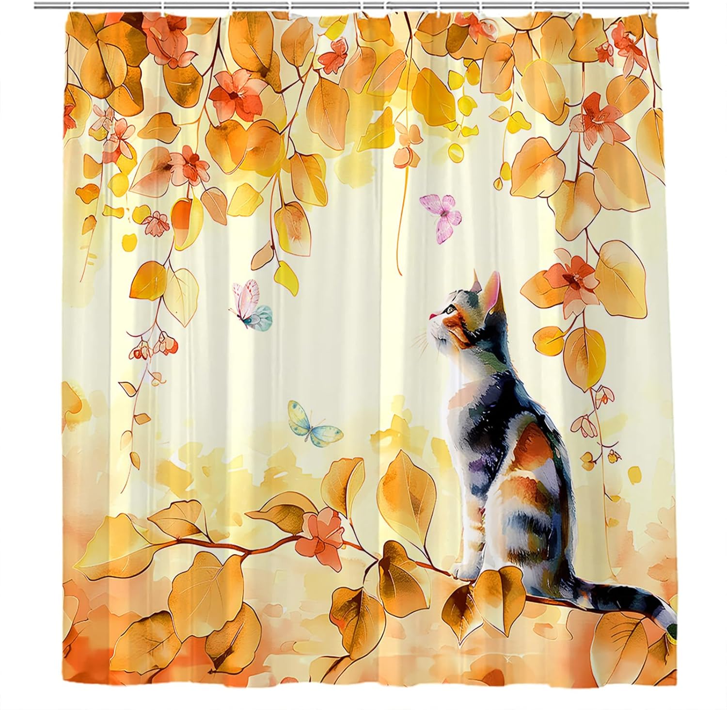 Cat and Green Leaves Shower Curtain Spring Funny Animals Rustic Plants Purple Lavender Watercolor Farmhouse Floral Flowers 90x180CM