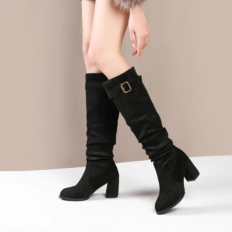 Women's Suede Pointed Toe Knee High Boots, Solid Chunky Heel Long Boots, Fashion Winter Shoes