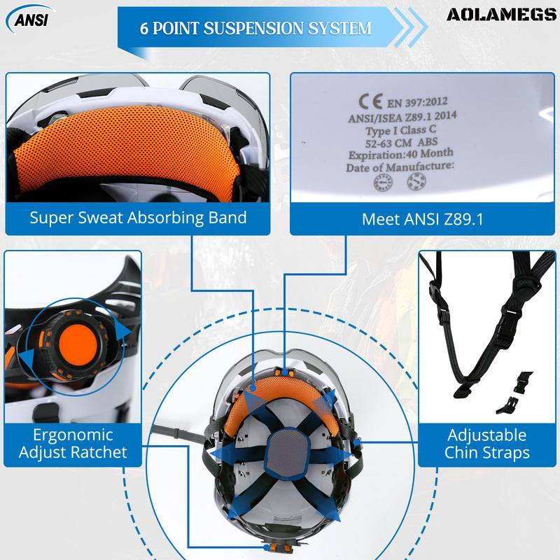 Casco di Sicurezza CE per l'Edilizia con Doppi Occhiali Integrati Visiera Adesivi Riflettenti Elmetto ANSI Cappello da Lavoro Industriale per Ingegnere
