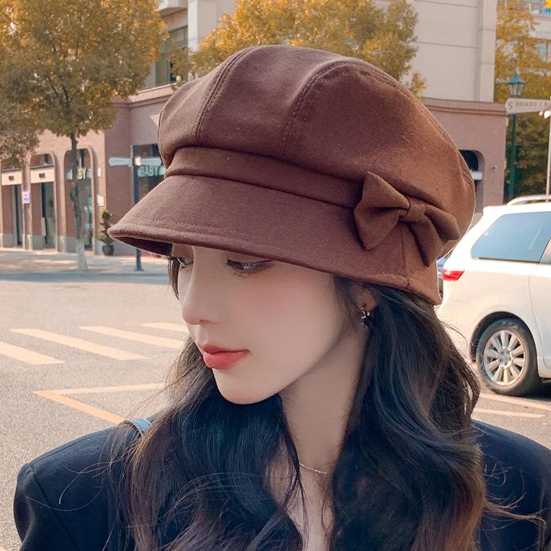 

Женская ретро-кепка восьмиугольной формы с бантом, осень/зима - элегантная дорожная кепка, легкий полиэстер ONE SIZE темно-коричневого