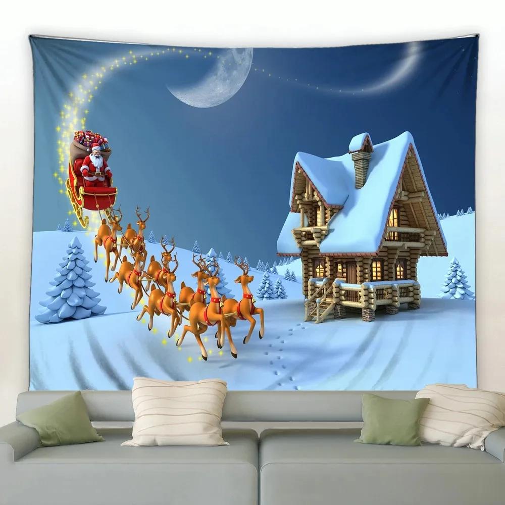 Christmas Cartoon Log House Snowman Tapestry Bedroom Living Room Home Christmas Decoration Tapestry