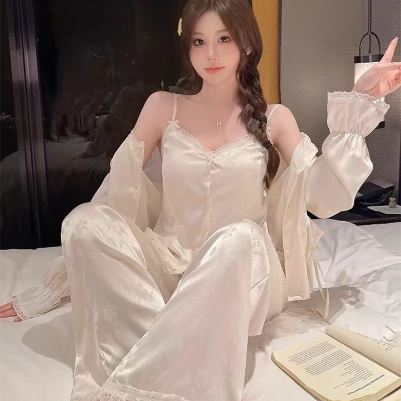 Spring and Autumn New Ice Silk Pajamas Women's Thin High-end Suspender Long-sleeved Trousers National Style Loungewear Three-piece Set
