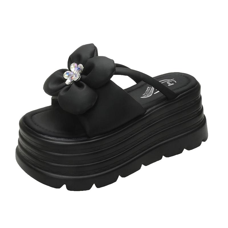 

Fashion 8CM Platform Slippers Sandals Woman Bling Diamond Bowknot Thick Sole Slippers Women Chunky Flip Flops Summer Casual Beach Slides 34