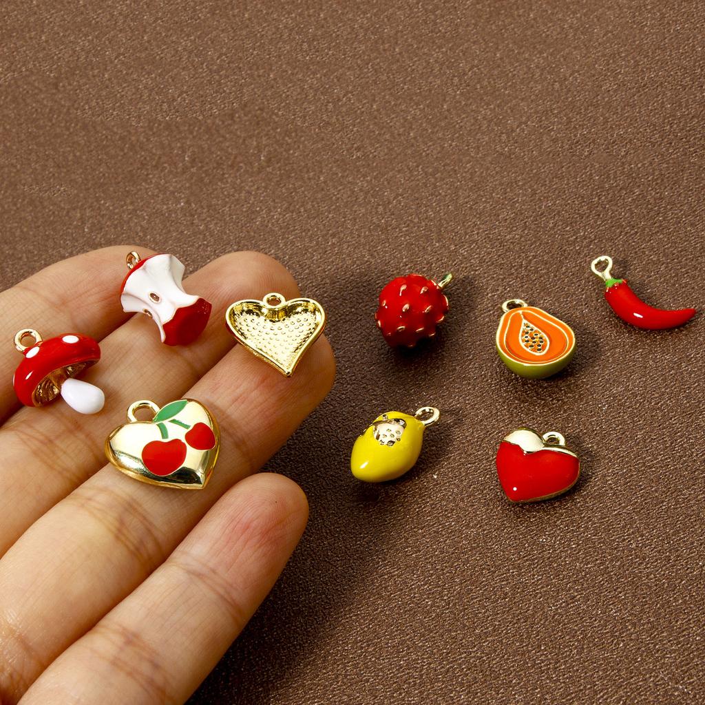 2PCs Brass Charms 18K Gold Plated Fruit Enamel Strawberry Apple Lemon Mushroom Pendants For DIY Necklace Bracelet Jewelry Making