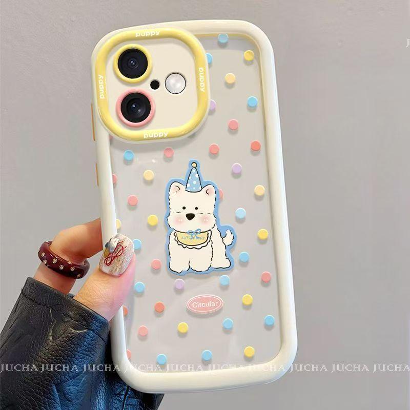 Cute Polka Dot Dog Apple 16Pro Phone Case Transparent iPhone15Promax Phone Case Full Coverage New Model Apple16