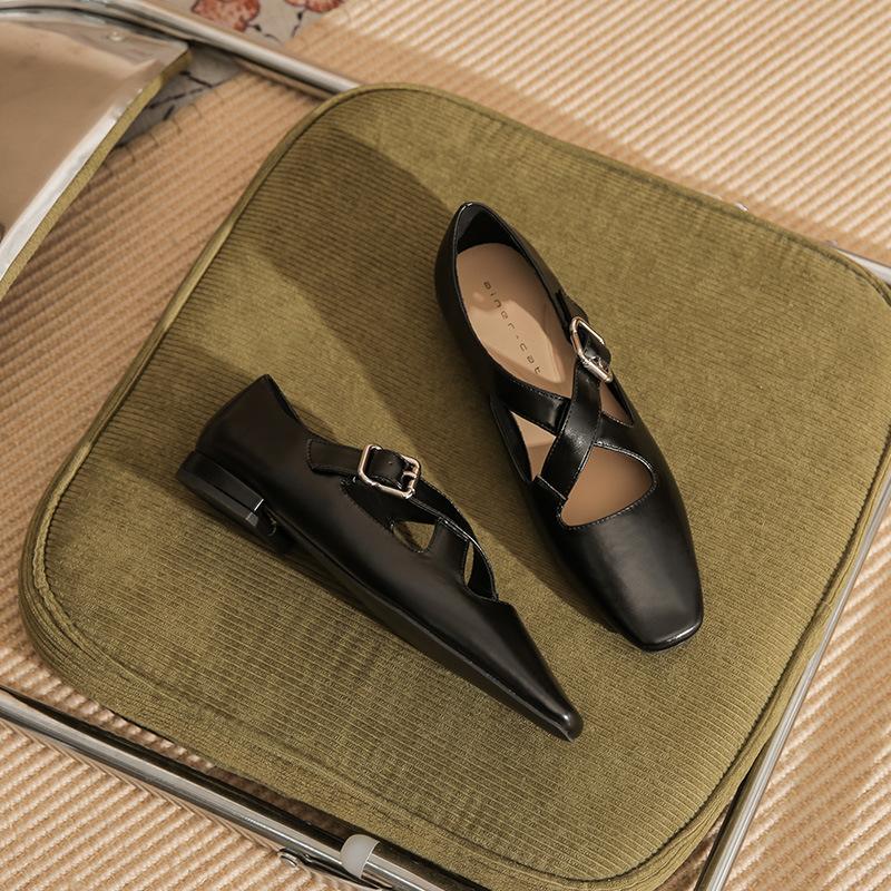 22301 flat shoes women's thick heel 2025 new square head cross buckle Mary Jane retro low heel single shoes