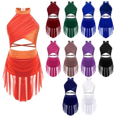 Vestito da danza lirica moderna per bambine, balletto, pattinaggio artistico, ginnastica, body, costume, spalline, latino, jazz