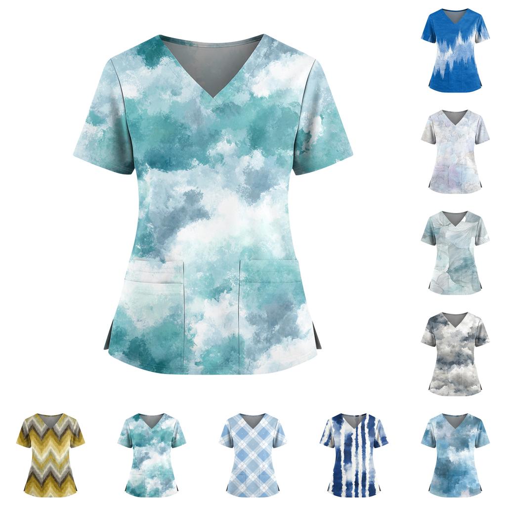 Women's Gradient Print V-Neck Double Pocket Short Sleeves Hem Slit Uniform Caregiver Top