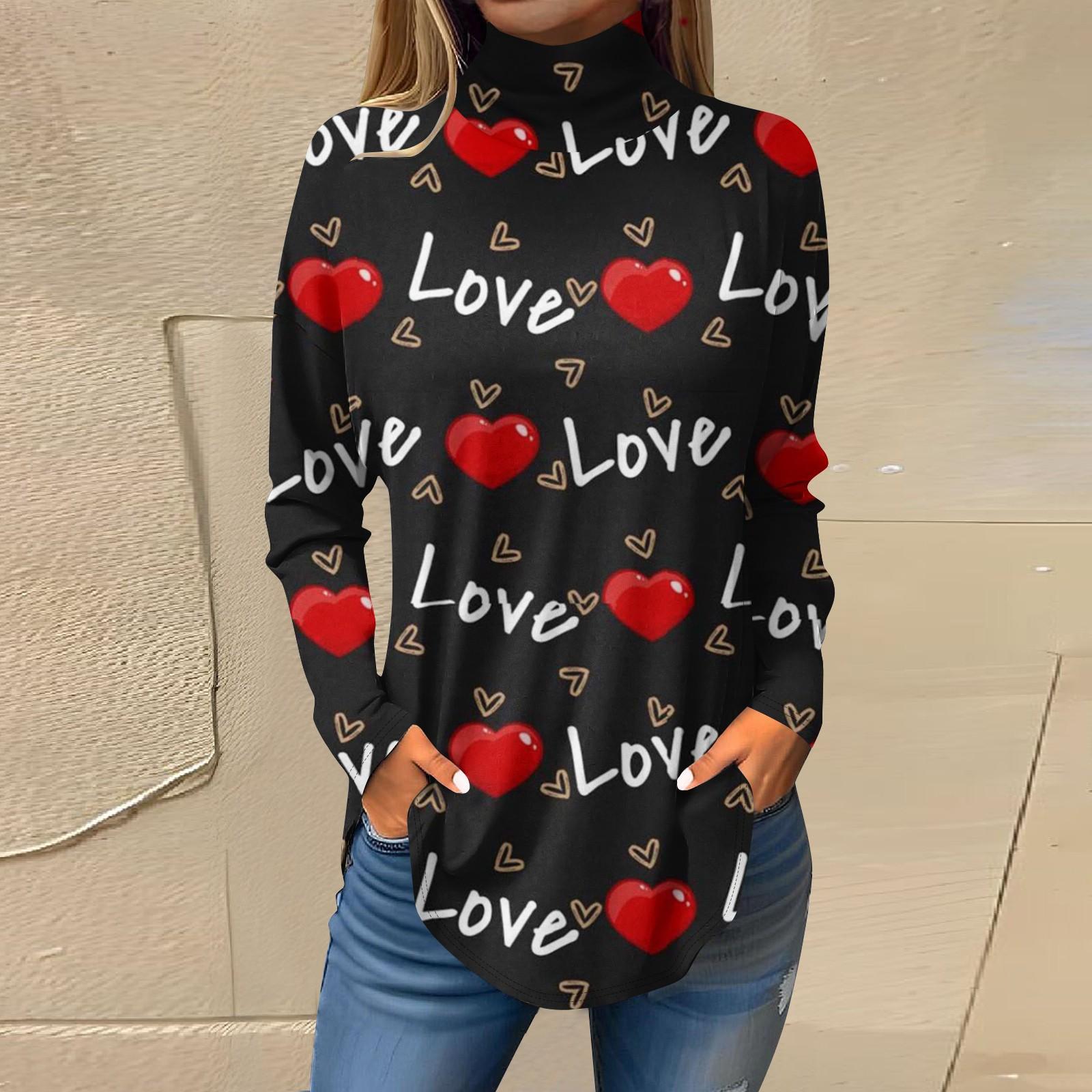 

Футболки для женщин, осенние повседневные рубашки с длинным рукавом, толстовка с принтом, топ с высоким воротом, пуловер L чёрный