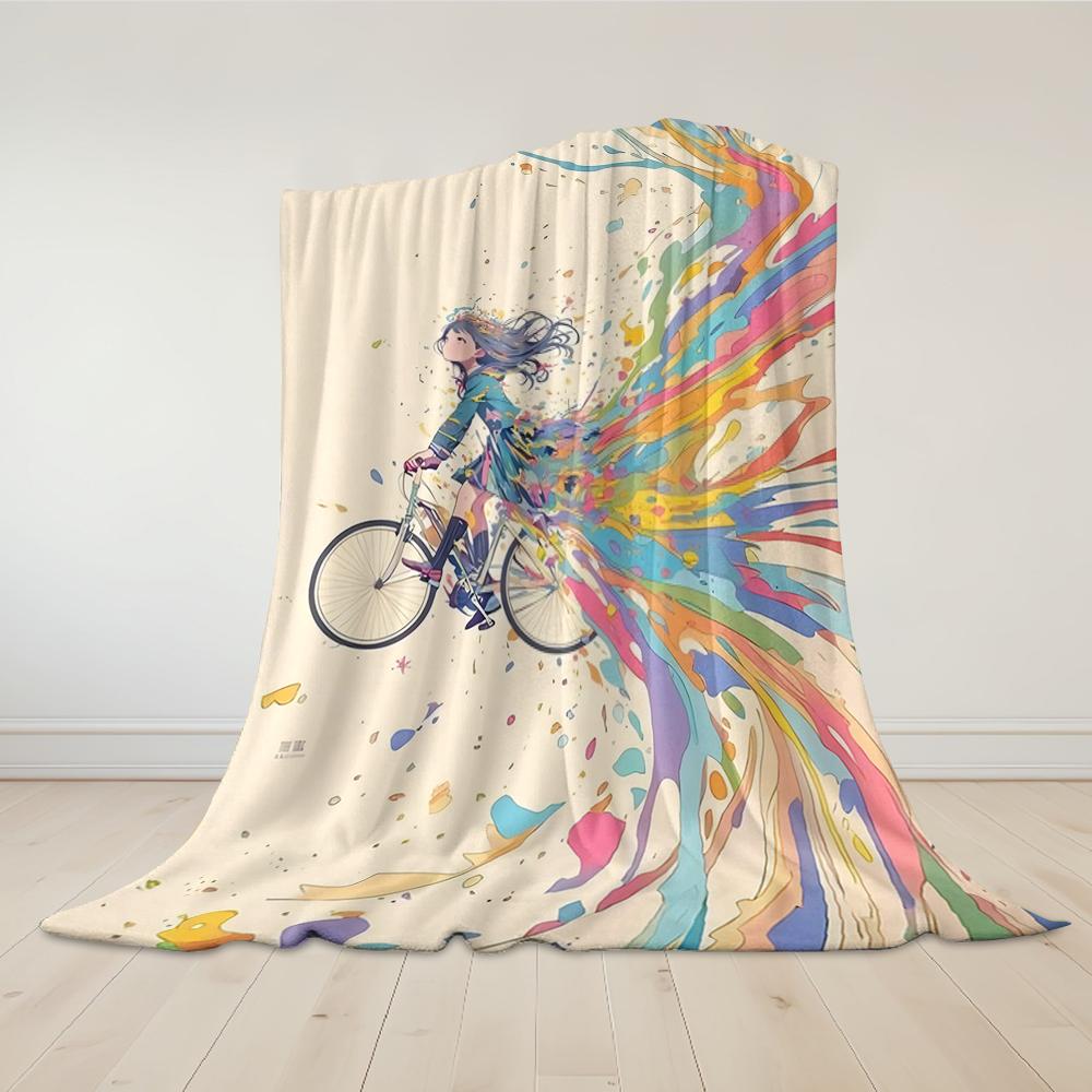 Bike - Riding Girl Flannel Blanket Warm Soft Halloween Christmas Couch Warm Cozy Decorative Decor Gift For All Season