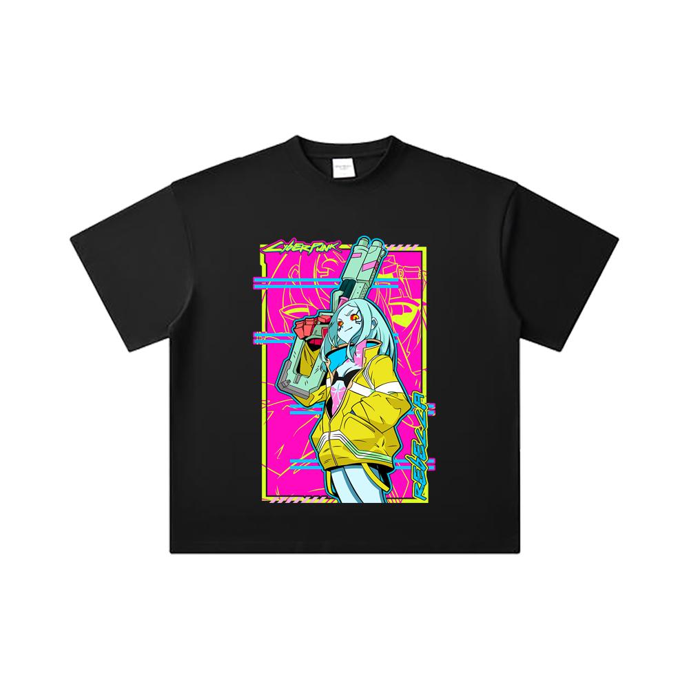 260 GSM Doppelgarn 32er Zählung 100% Baumwolle Cyberpunk Edgerunners V6 Rebecca Druck Unisex Schweres Baumwoll-T-Shirt