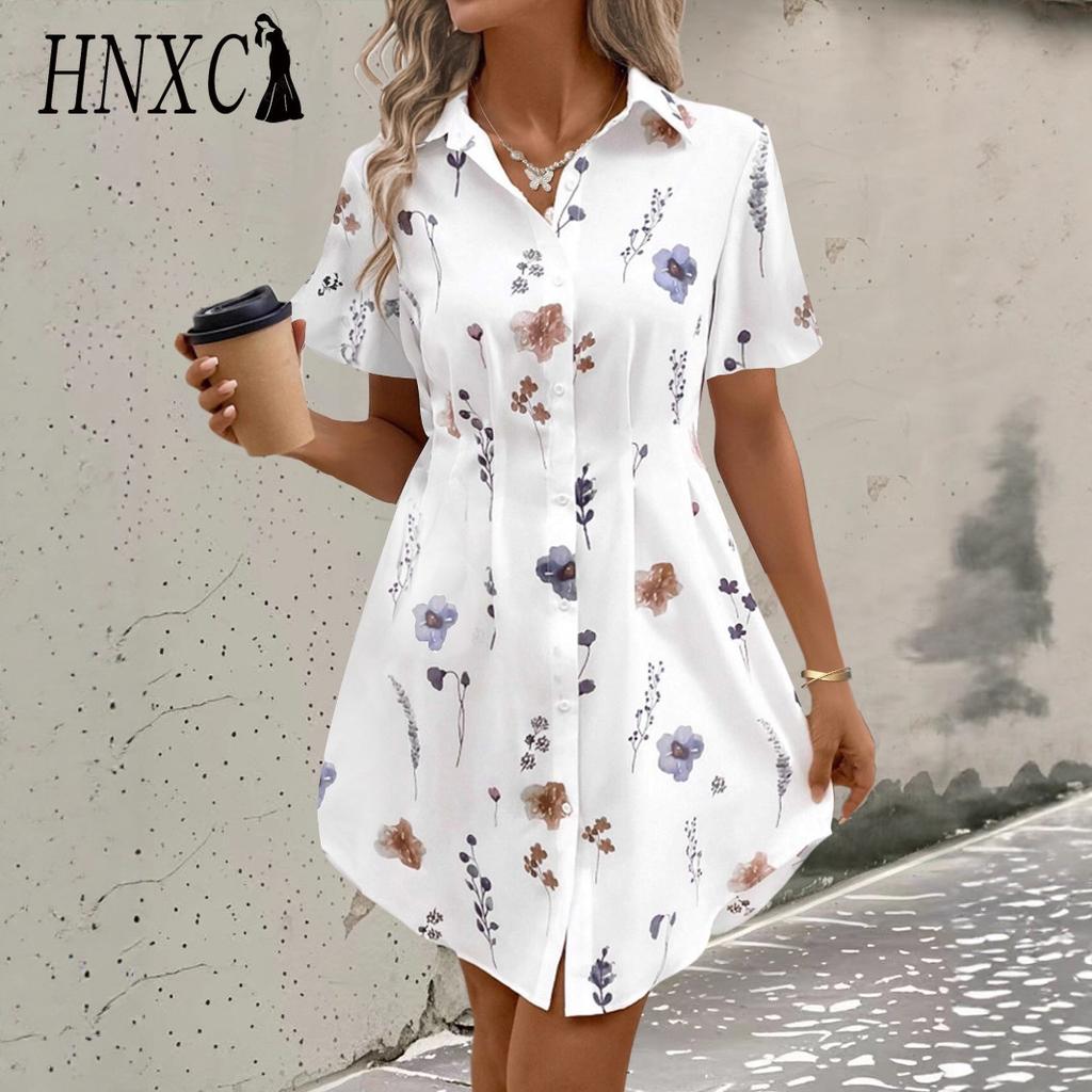 HNXC Summer Short Sleeves Women's Elegant and Stylish Printed Shirt Dress