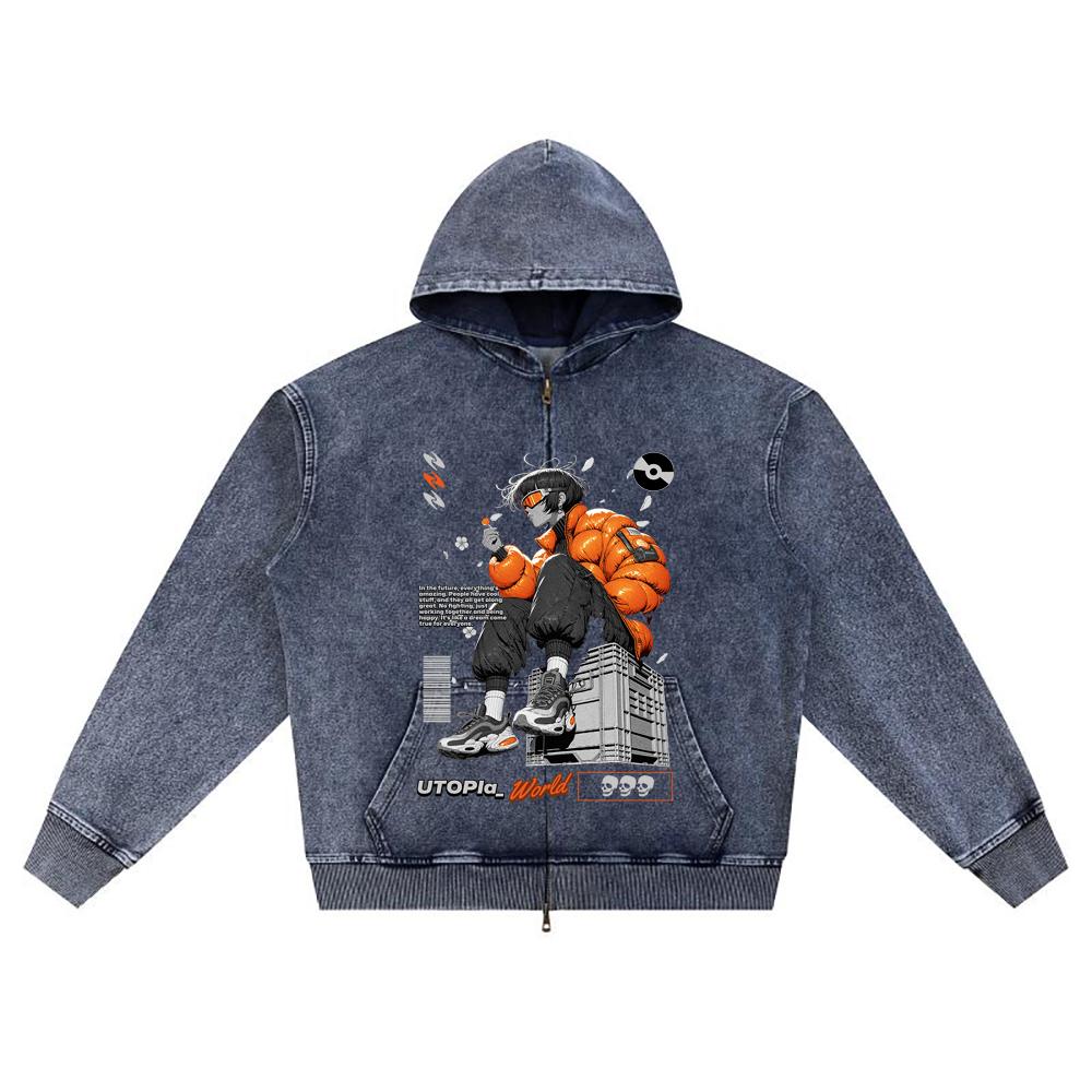 DTG Print Knitted Denim Zip-Up Hoodie Street Fashion Graphic Brother Print Zipper Hoodies  