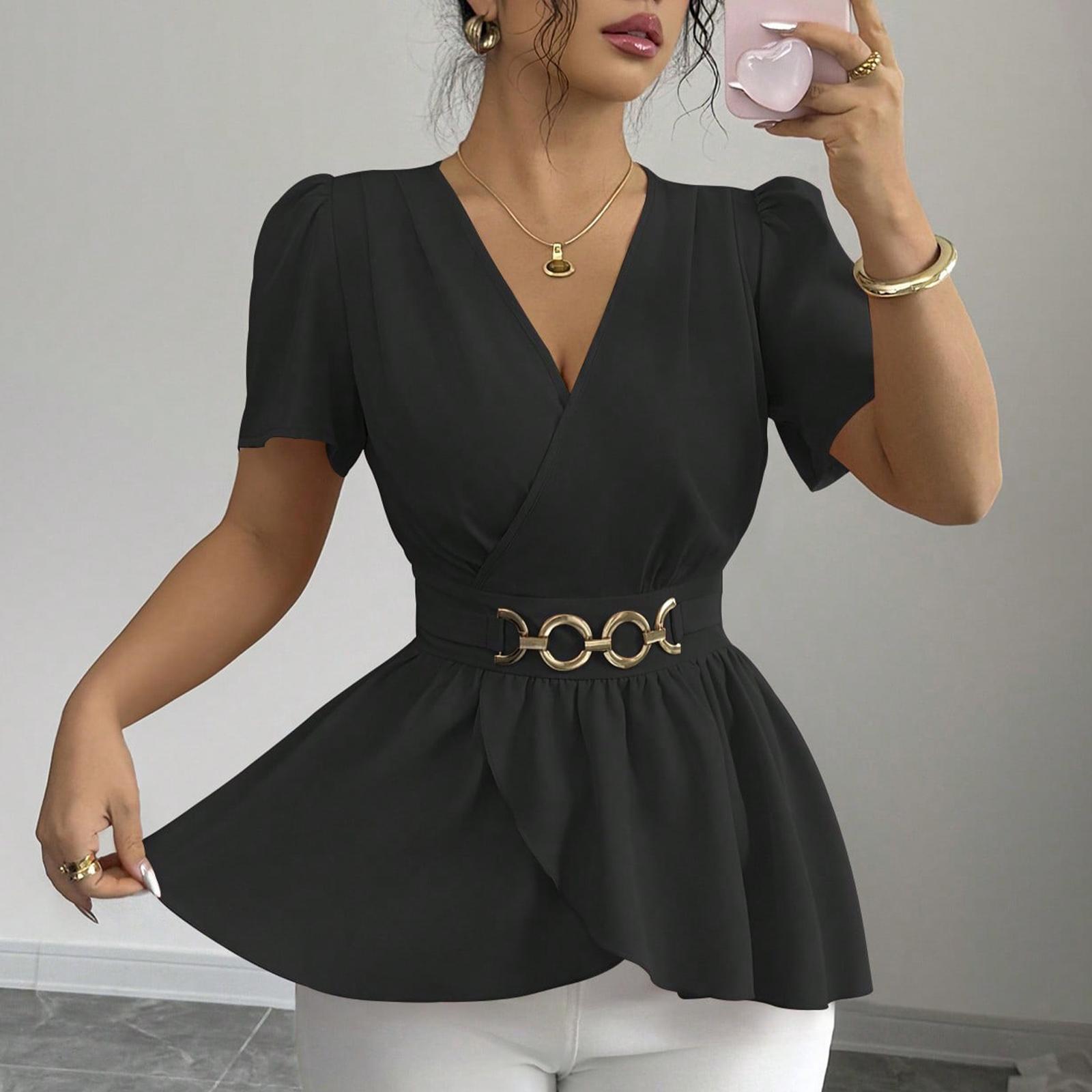 Ladies  Casual Loose And Fashionable  Short Sleeved V-neck Pullover Top L чёрный