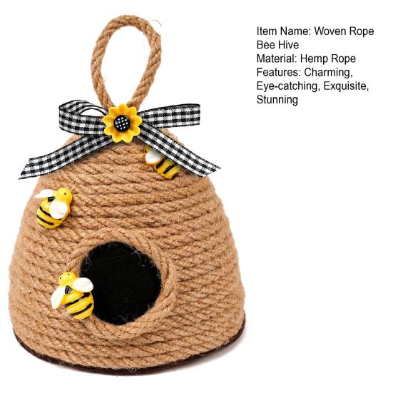 Woven Rope Bee Hive Hanging Ornament Handmade Rustic Pendant with Sunflower And Bowknot for Bedroom Living Room Farmhouse Spring Party Decor