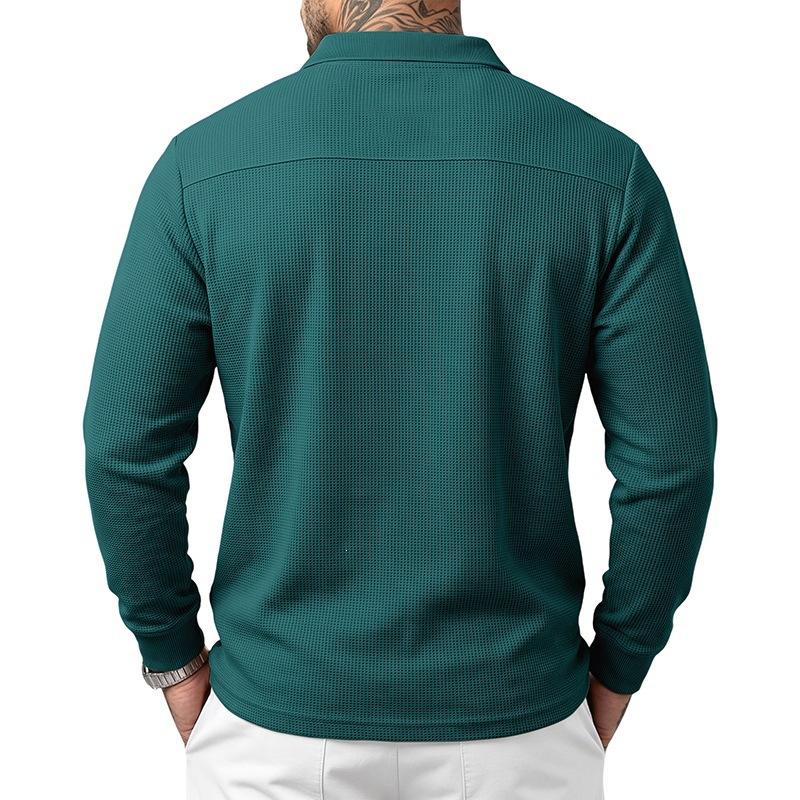 Men S Waffle Knit Long Sleeve Polo Shirt Casual Autumn