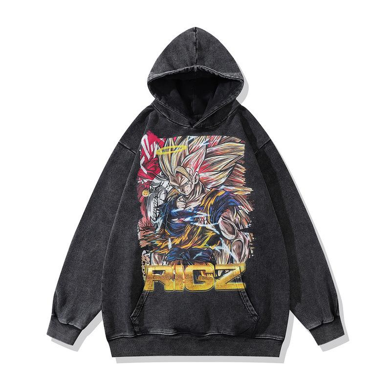 Japanese Cartoon Animation Direct Injection Printing Hooded Sweater Men'S Retro Washed Old Cotton Hoodie Men