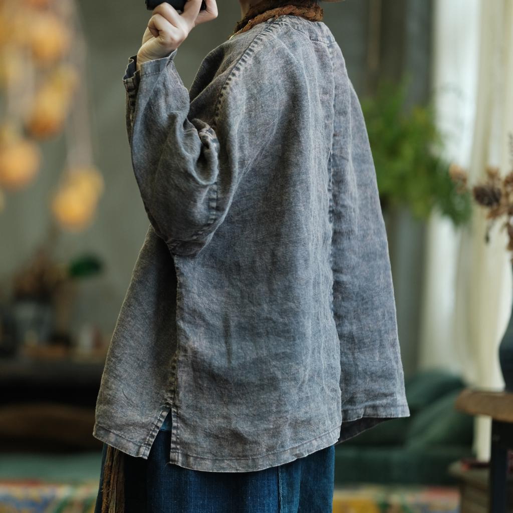 Johnature Damen Vintage T-Shirts Locker Herbst Patchwork Floral Unifarben Langarm Chinesischer Stil T-Shirt