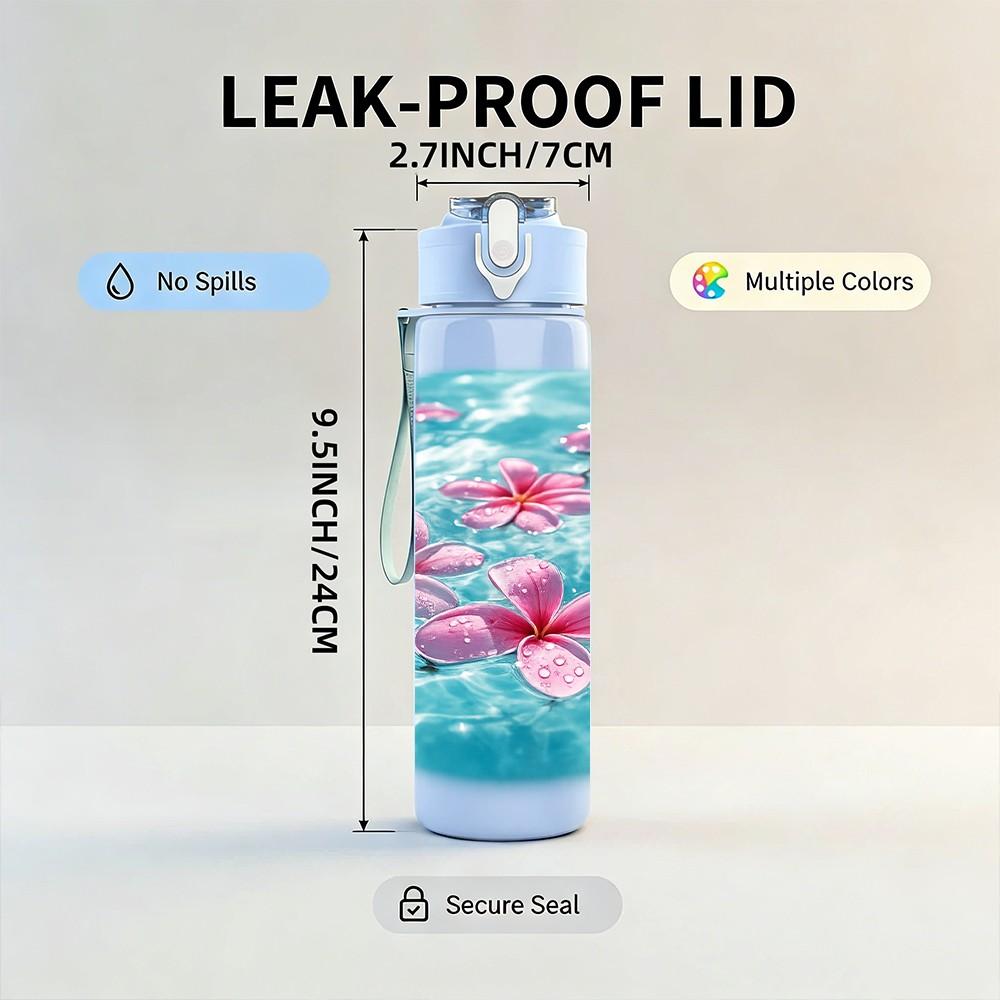1PC Lotus Flower Water Pond Print 750ml Color Plastic Sports Water Bottle Leakproof Flip Straw Lid Suitable for Sports Office Home Use