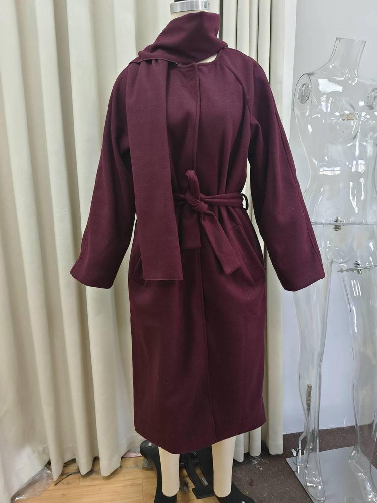 2024 Elegant Solid Woolen Belted Coat with Scarf for European and American Casual Street Fashion