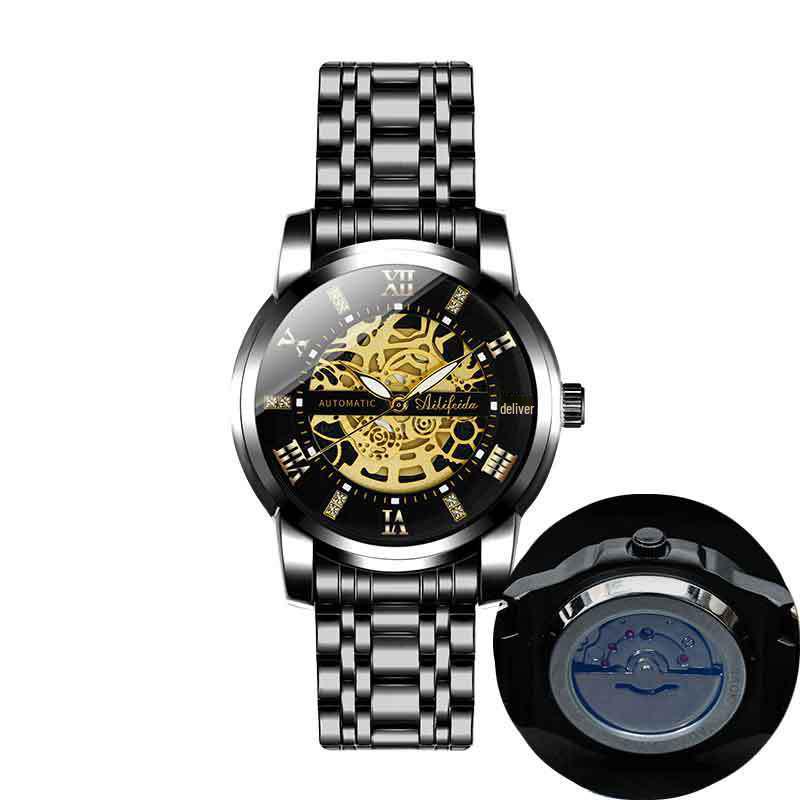 Aili Feida Men's Quartz Hollow Watch with Visible Back and Butterfly Buckle