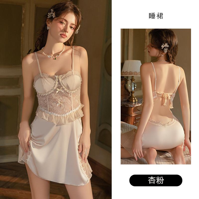 Women's Palace Style Satin Lace Sheer Padded Backless Cami Sleep Dress with Robe Set