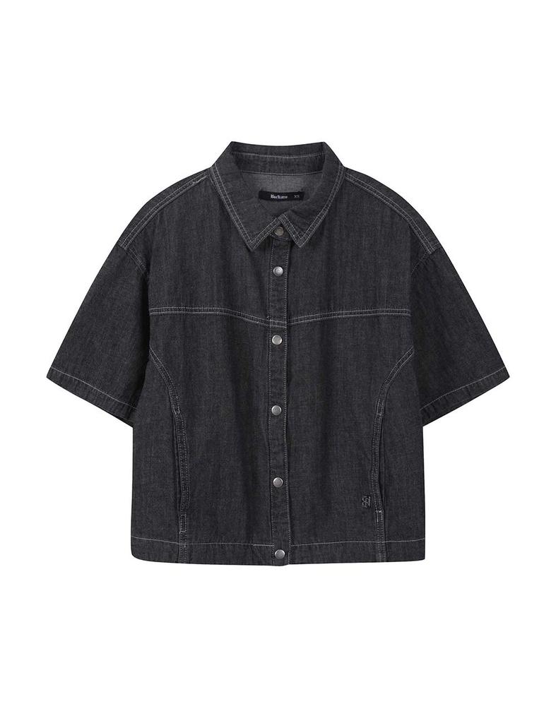 BUCKAROO Women'S Cutout Detail Denim Crop Short Sleeve Shirt Black