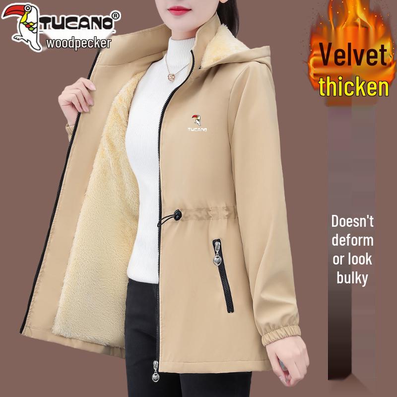 Woodpecker Women's Mid-Length Fleece Coat - 2025 Autumn/Winter Warm Thickened Windbreaker Jacket