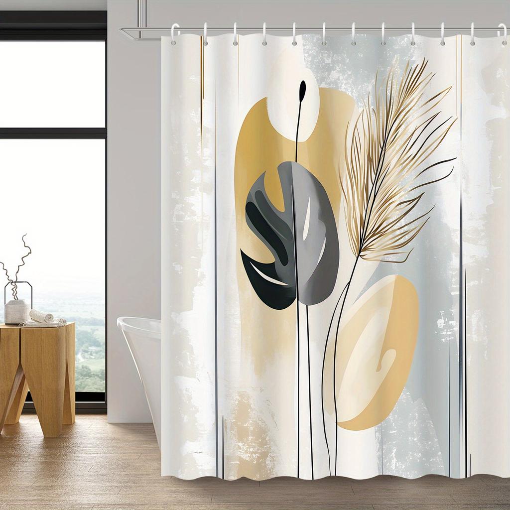 Modern Art Abstract Leaf Illustration Shower Curtain with 12 Hooks – Creative Partition & Bathroom Decoration