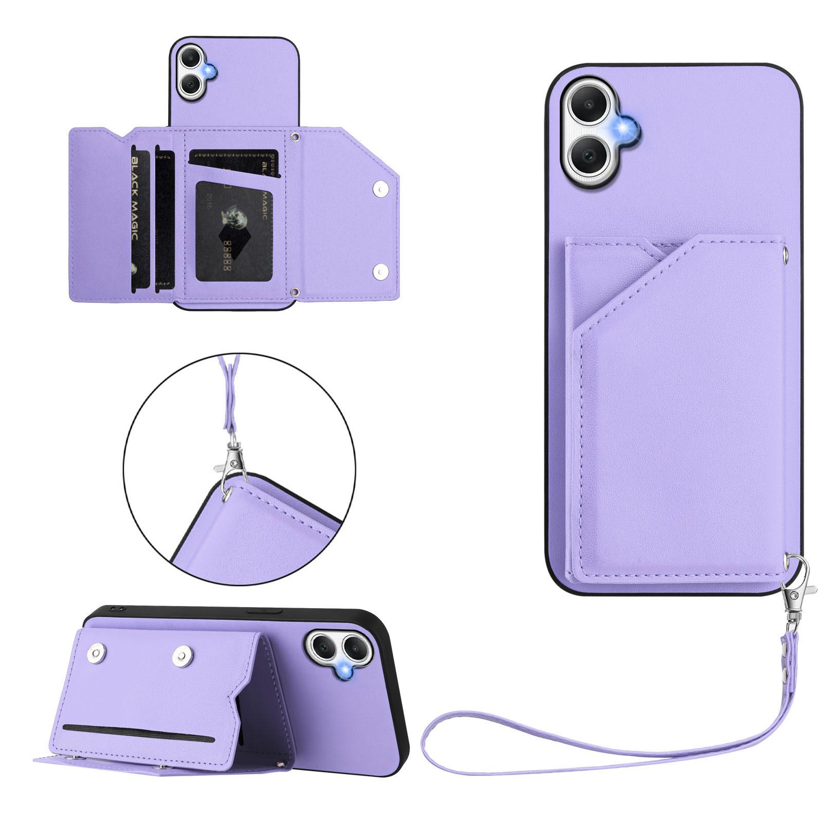 

For Samsung Galaxy A06 4G Case Card Holder Kickstand Skin-Touch Phone Cover with Wrist Strap Light Purple