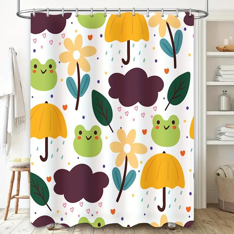 Bright Umbrella Frog Flower Shower Curtain for Bath Room Decor Waterproof Fabric Printing Home Decorative Toilet Liner White Yel