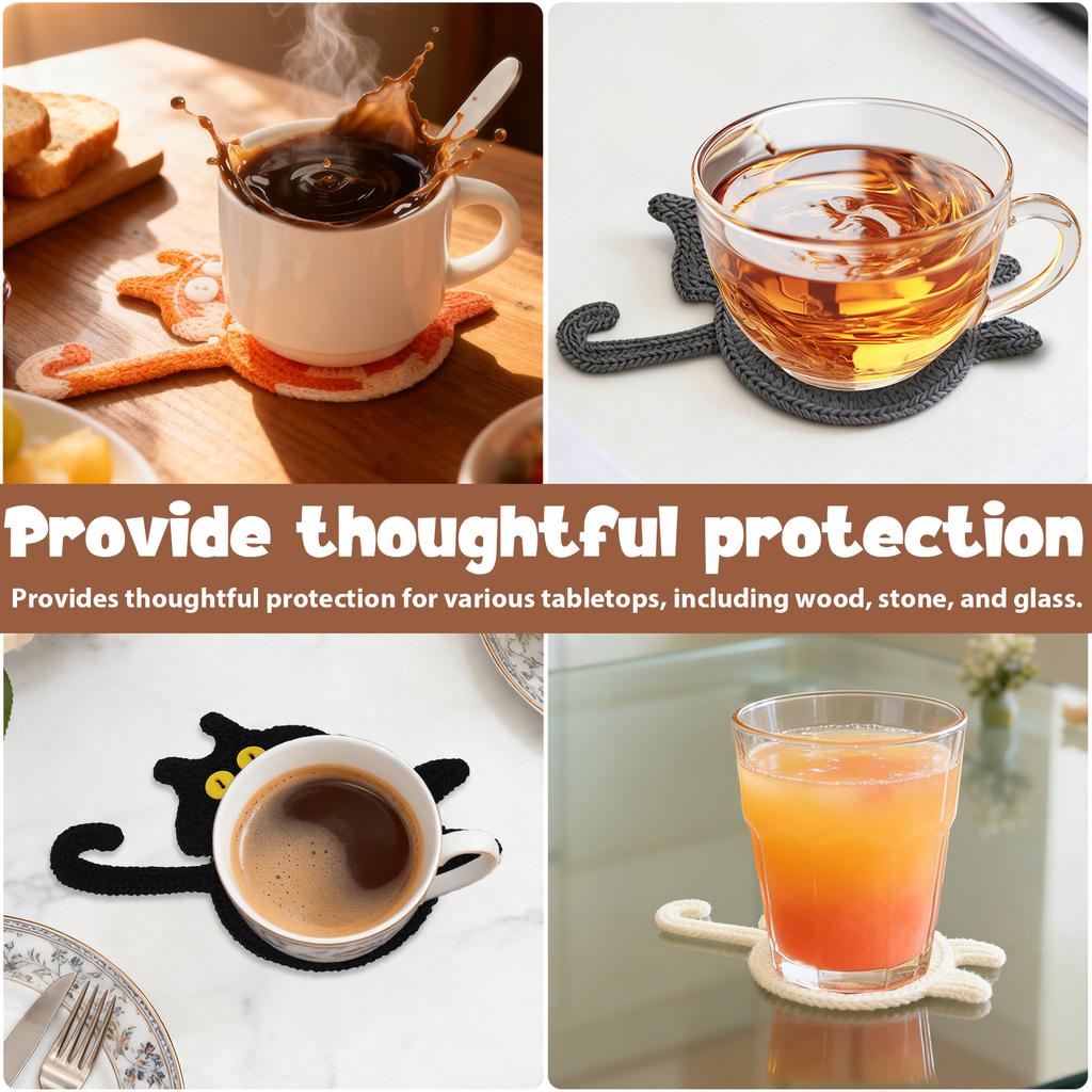 6 Pcs Knitted Cat Coaster Creative Coffee Cup Mat Fun Woven Beverage Cup Mat Cute Cat Shape Mug Mats for Tabletop Home Kitchen