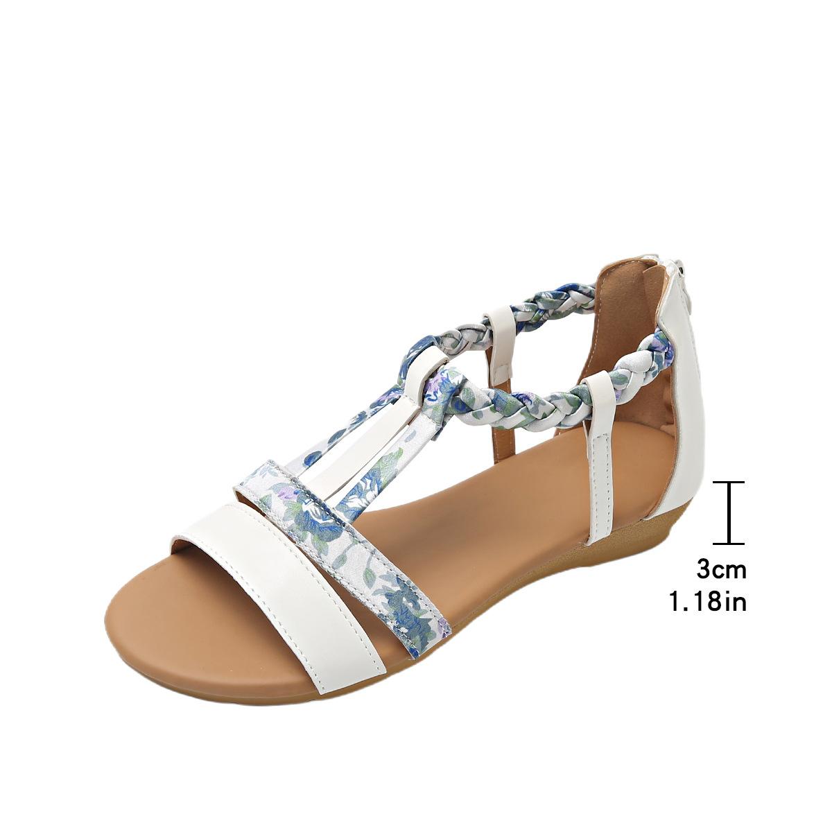 

Fashion 2025 Summer Bohemian Ethnic Sandals Woman Zipper Roman Women S Plus Size Flat Sandals Leather Velvet Shoes Rome Flock Pu Slides 36 білий