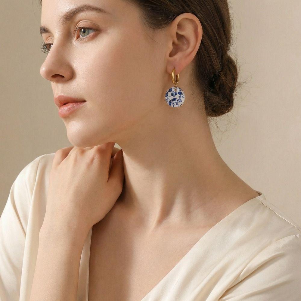 Dripping Oil Ceramic Ear Buckle Stainless Steel Gold Enamel Hoop Earrings  Party