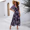 Abito Maxi da Donna Scollo a V Manica Corta Stampa Floreale Vita Alta Linea ad A Elegante Casual