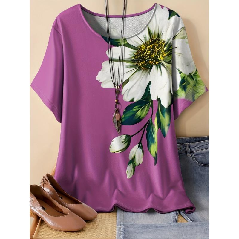 Large-size Floral Print Women's T-shirt, Short-sleeved Loose-fitting Comfortable Women's Top