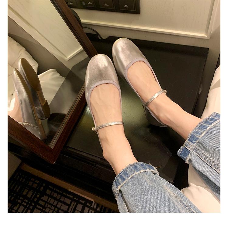 Sheepskin version~ Gentle leather one-word belt flat Mary Jane shoes women's shallow mouth ballet shoes silver small leather shoes