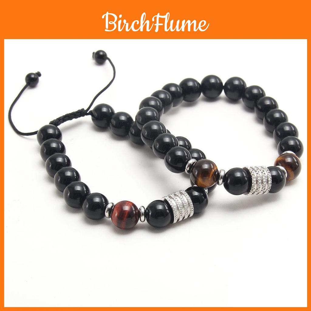 Tiger Eye Stone Black Onyx Stainless Steel Men Women Adjustable Cord Bracelet With Geometric Design For Travel Gift