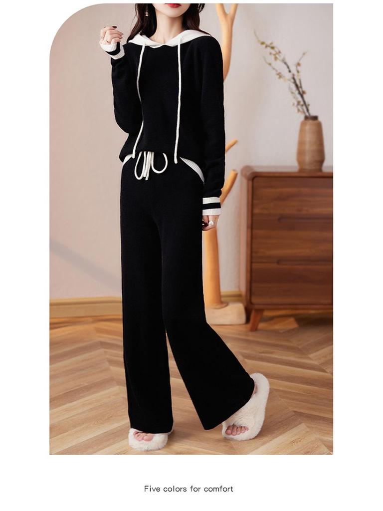 Women's Casual Color Block Hooded Wool Knit Sweatshirt & Long Pants Set - New Autumn Slimming Versatile Two-Piece